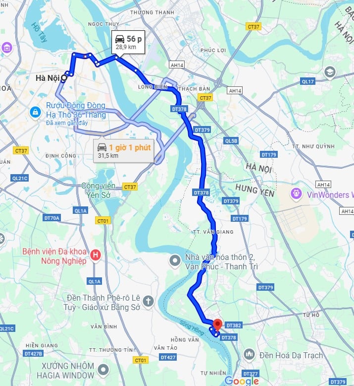 Đường đi từ Hà Nội đến Đền Đa Hòa (Ảnh: Google Maps)