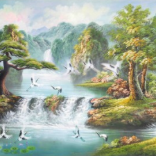 Tranh sơn dầu phong cảnh thiên nhiên thác nước mã P34