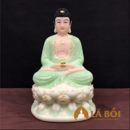  	Tượng Bổn Sư Thích Ca Mâu Ni Ngồi, Bột Đá, Sơn Xanh Trắng Viền Vàng, Cao 40cm