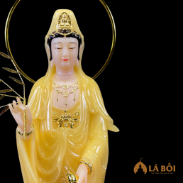  	Tượng Phật Quan Âm Bồ Tát Đứng Song Liên, Bằng Bột Đá Màu Thạch Anh, Cao 48cm
