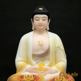  	Tượng A Di Đà Ngồi Đế Sen Vẽ Hoa, Bằng Bột Đá, Cao 30cm