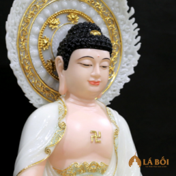  	Tượng A Di Đà Ngồi Đài Sen Có Lá Đề Màu Thiên Thanh, Bằng Bột Đá Cẩm Thạch , Cao 48cm
