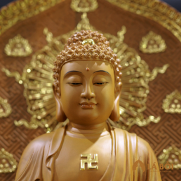  	Tượng A Di Đà Ngồi, Bằng Gỗ Hương Chương (Long Não), Cao 48cm (Tổng Lá Đề 65cm)