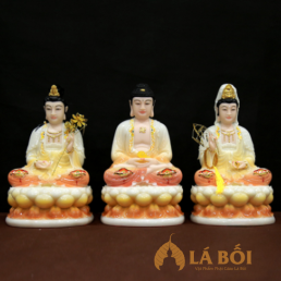  	Bộ Tượng Tây Phương Tam Thánh Ngồi Đế Sen Hồng, Bằng Bột Đá, 35cm