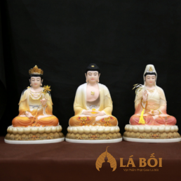  	Bộ Tượng Tây Phương Tam Thánh Ngồi Đế Hoa Sen Vẽ, Bằng Bột Đá, 40cm