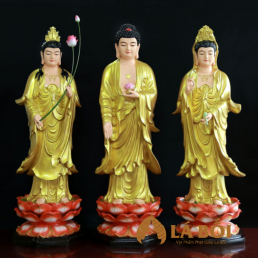 Bộ Tượng Tây Phương Tam Thánh Đứng Trên Đài Sen, Đế Bát Giác, Chất Liệu Composite, 80cm