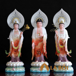  	Bộ Tượng Tây Phương Tam Thánh Đứng Trên Đài Sen, Chất liệu Bột Đá Màu Sơn Cổ Có Lá Đề, 48cm