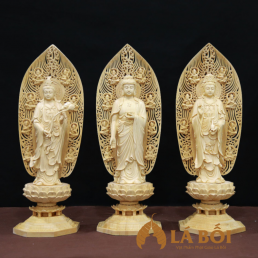  	Bộ Tượng Tây Phương Tam Thánh, Chất liệu Gỗ Bách Có Lá Đề, 43cm