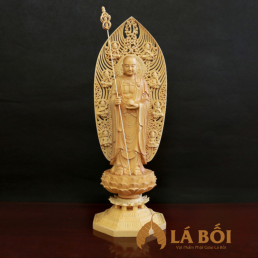  	Tượng Địa Tạng Bồ Tát, Chất liệu Gỗ Bách, Cao 43cm, Có Lá Đề