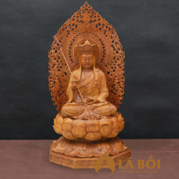  	Tượng Bồ Tát Địa Tạng Ngồi Bằng Gỗ Hương Việt Nam, Cao 65cm (Tổng Lá Đề 90cm)