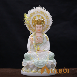  	Tượng Địa Tạng Ngồi Được Làm Bằng Bột Đá Trắng Xanh Nhạt Viền Vàng, Cao 40cm (Tổng Hào Quang 52cm)