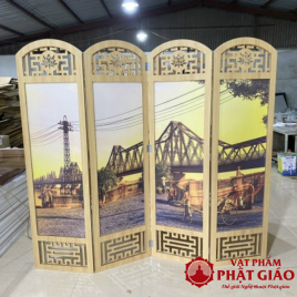  	Bình Phong Gỗ Khung Tranh Cầu Long Biên, Kích Thước 50x180cm