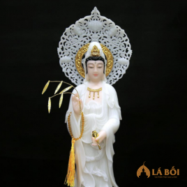  	Tượng Phật Quan Âm Bồ Tát Đứng Bằng Bột Đá, Cao 40cm (Tổng Lá Đề 46cm )