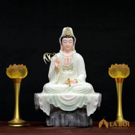  	Tượng Phật Bà Quan Âm Ngồi Tự Tại Bằng Bột Đá Cẩm Thạch Màu Thiên Thanh, Cao 48cm
