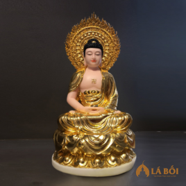 Tượng A Di Đà Ngồi, Bằng Bột Đá Dát Vàng 998, Cao 40cm, Cao 48cm, (Tổng Lá Đề 60cm)