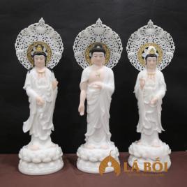  	Bộ Tây Phương Tam Thánh Ngồi Bằng Bột Đá Trắng Có Hào Quang Nhỏ, Cao 40cm