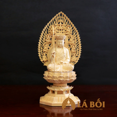  	Tượng Địa Tạng Vương Bồ Tát Bằng Gỗ Bách, Cao 28cm (Cả Lá Đề)
