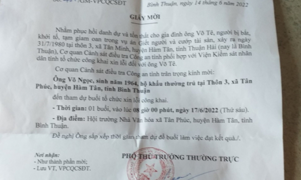 Bình Thuận xin lỗi gia đình người bị khởi tố, bắt giam oan cách đây hơn 40 năm