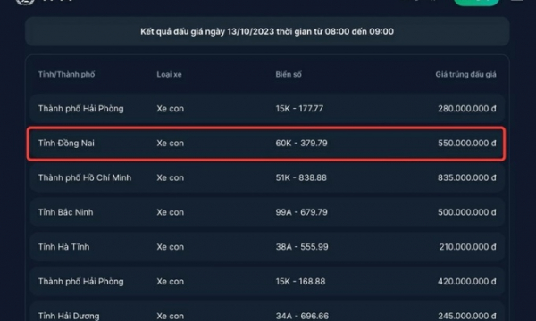 Biển số 'thần tài' của Đồng Nai bất ngờ đạt mức giá 550 triệu đồng