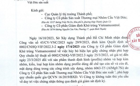 Đề nghị kiểm tra lưu thông hàng hoá của Công ty Cổ phần Sản xuất Thương mại Nhôm Cầu Việt Đức
