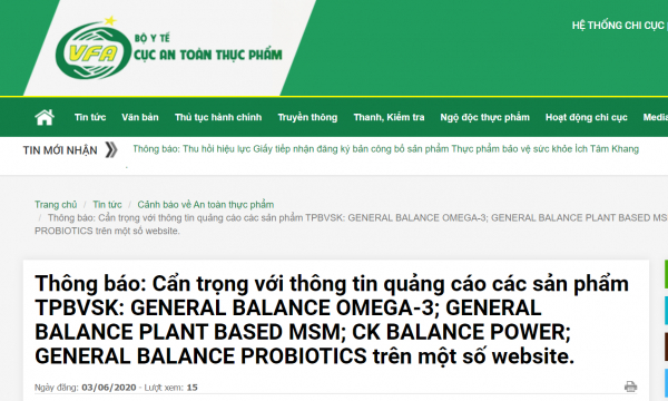 Cẩn trọng thông tin quảng cáo TPBVSK General Balance Omega 3 trên một số website