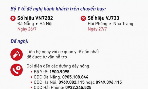 Thông báo khẩn tìm hành khách trên 2 chuyến bay liên quan đến BN 751