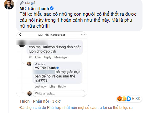 MC Trấn Thành bức xúc khi bà xã Hari Won nhận bình luận kém duyên: 'Bố mẹ bạn giáo dục để nói ra câu đấy hả?'